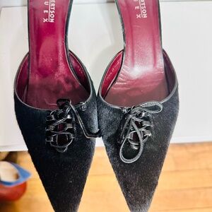 Black Pony Hair Low Heels Mules - Size 8.5